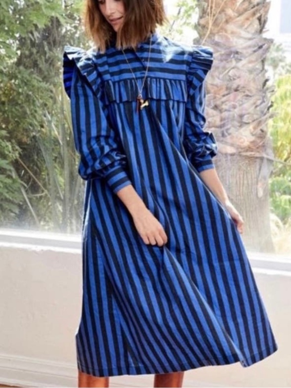 Clare V. Women’s Charlotte Blue Striped Midi Dress Ruffle High Neck Longsleeve S